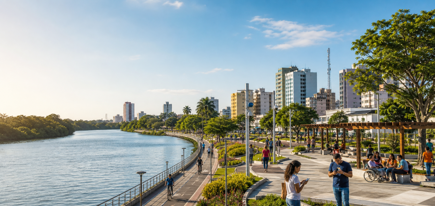 Paisagem urbana com rio, praça acessível, áreas verdes e pessoas usando tecnologia em Linhares.